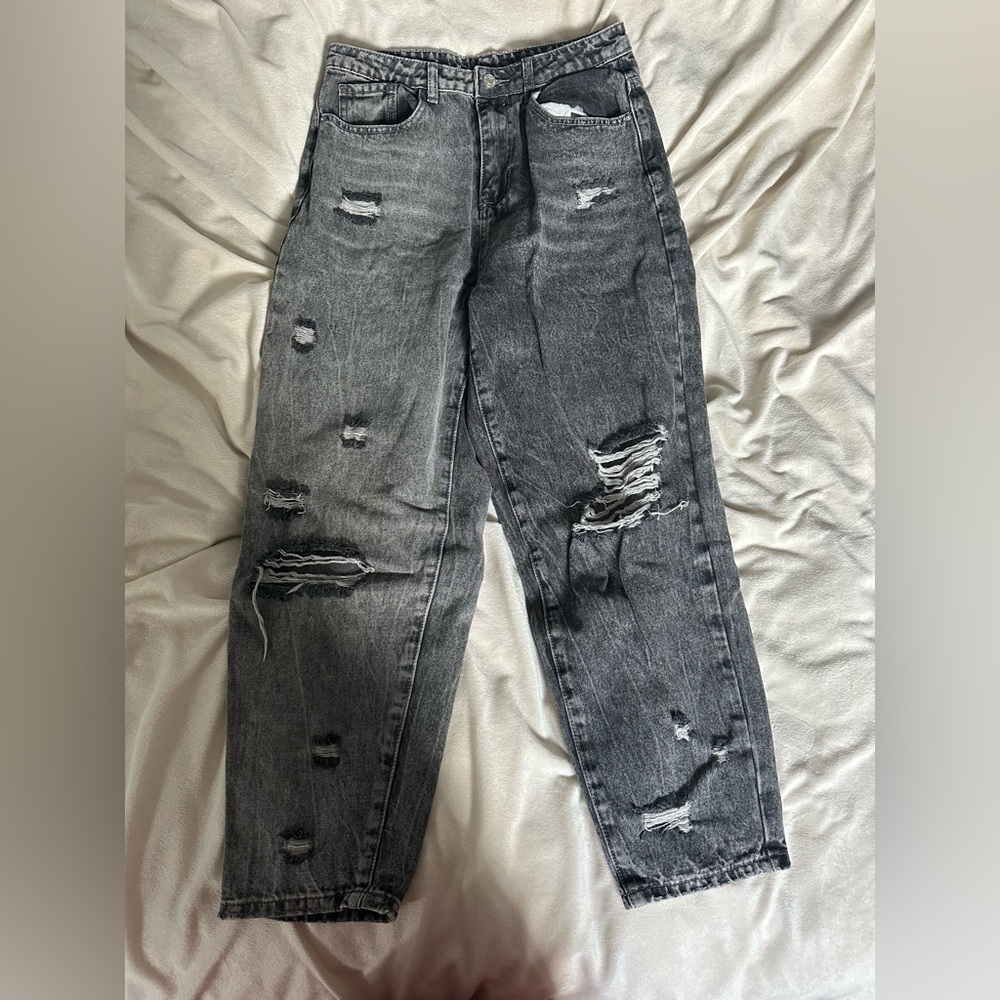 SHEIN Black & Grey Distressed Straight Leg Jeans